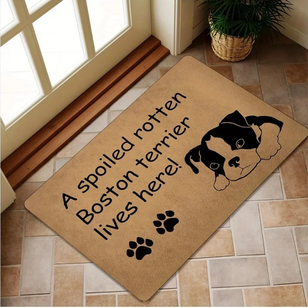 Tan Dog Mat with Boston Terrier Design